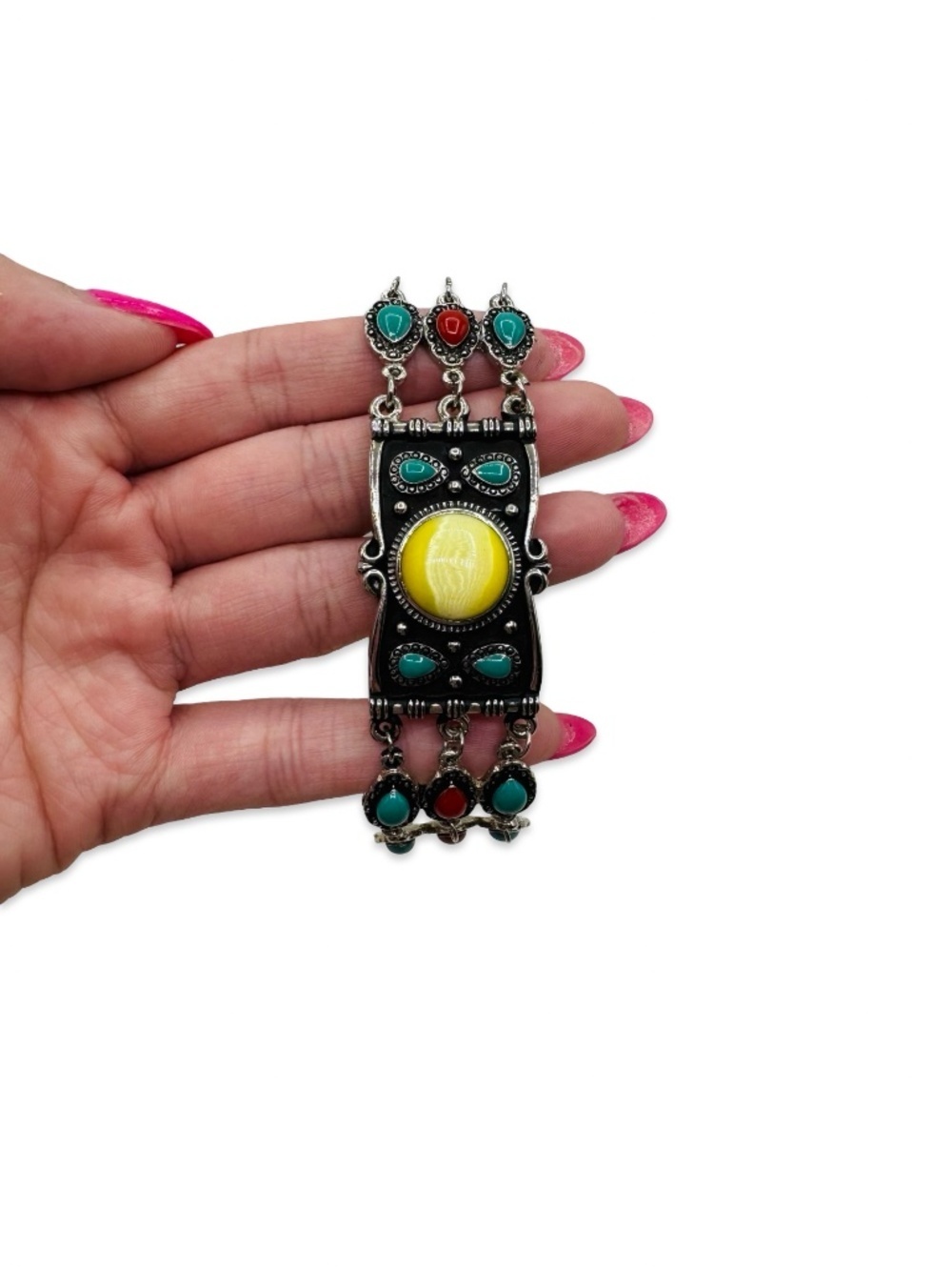 Boho Southwestern Multi-Stone Statement Bracelet Yellow Cabochon Silver Tone